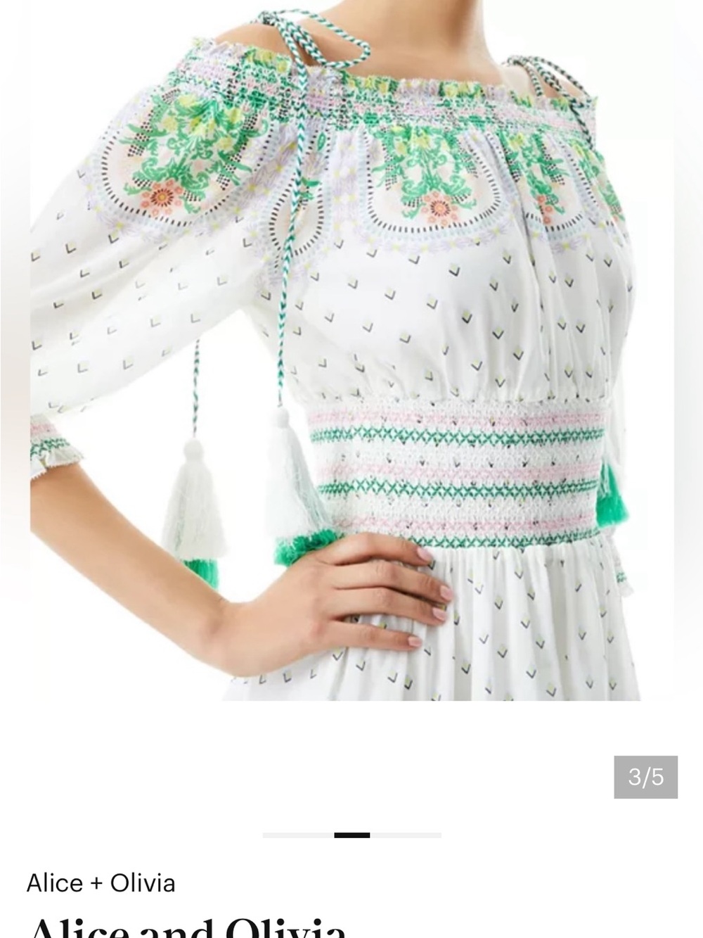 ALICE + OLIVIA Off-Shoulder Smocked Dress with Green Floral Print (Small petite) - Picture 15 of 16